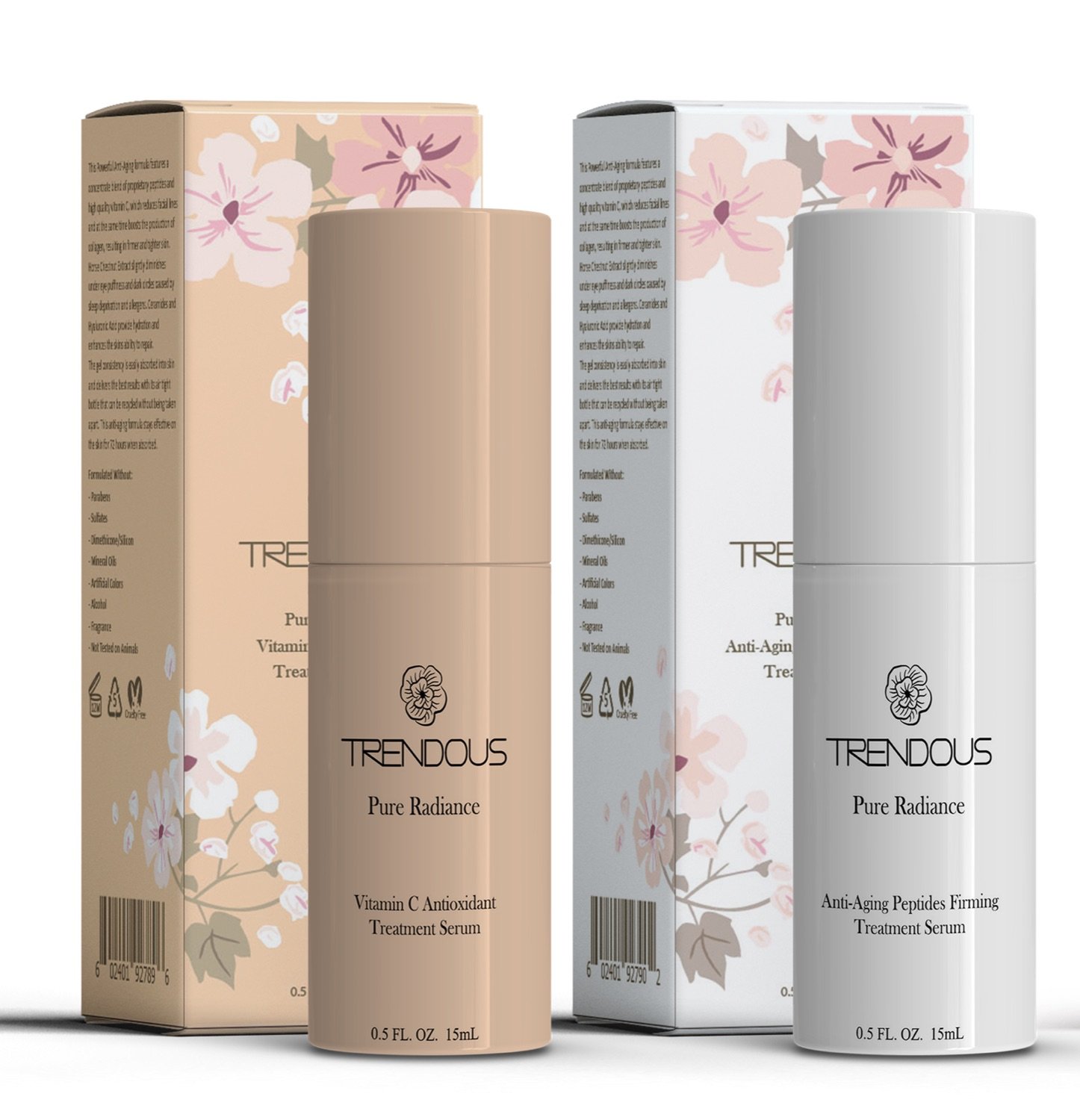 Trendous Vitamin C and Anti-Aging Peptides treatment serums in their boxes